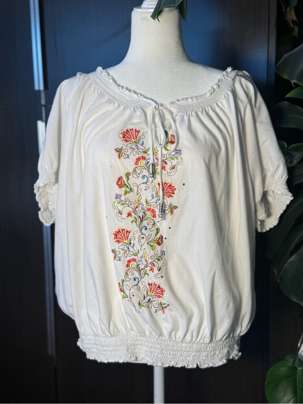 RXB Cream Peasant Blouse with Red Floral Embroidery